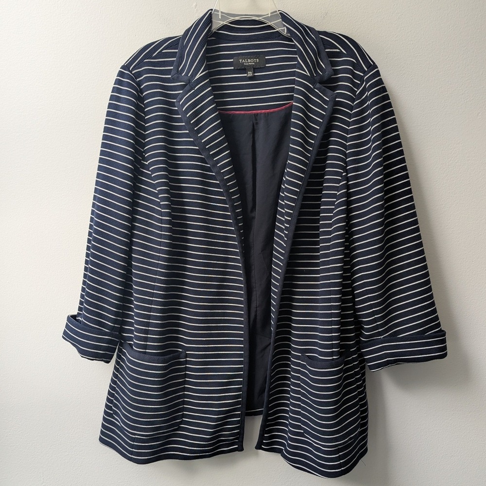 Talbots Blazer Navy White Striped Open Front Knit Jacket 3XP Nautical Preppy